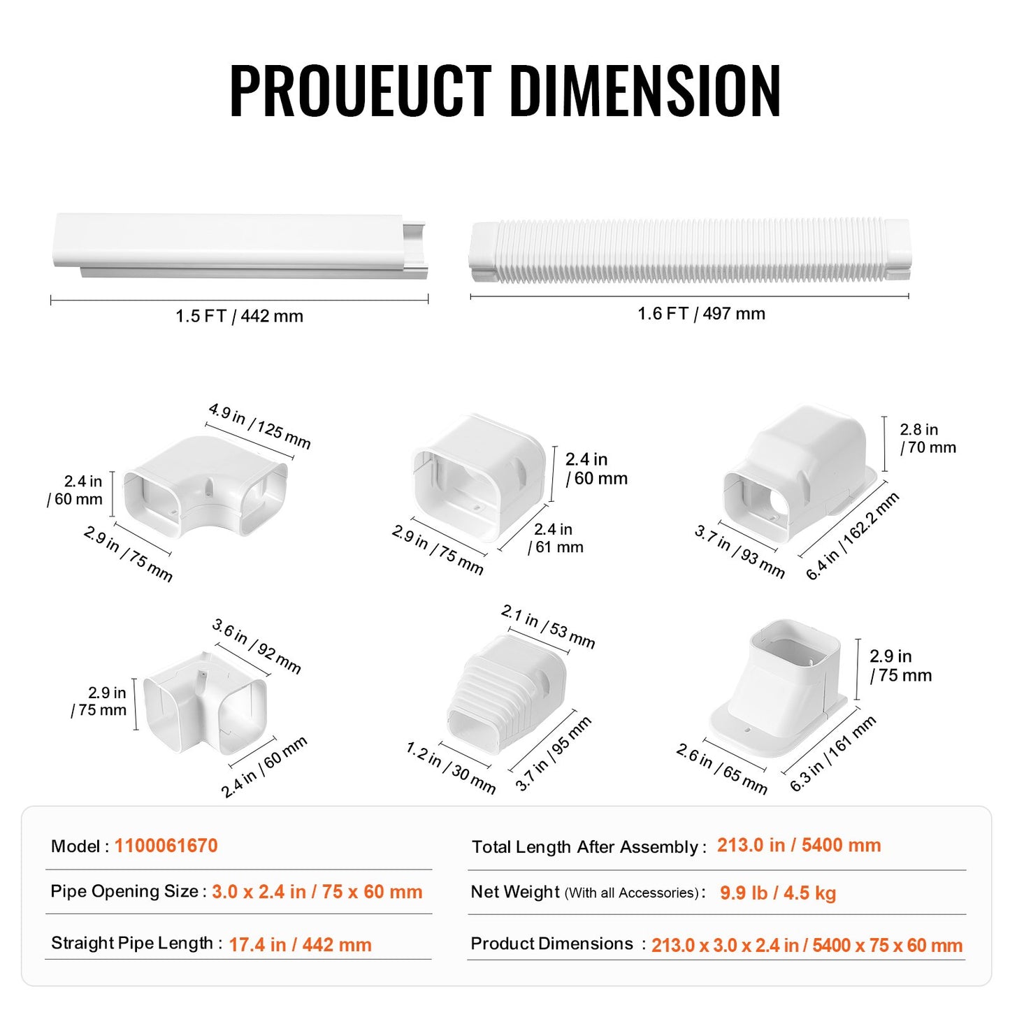 VEVOR Mini Split Line Set Cover 76.2mm W 5400mm L, PVC Decorative Pipe Line Cover