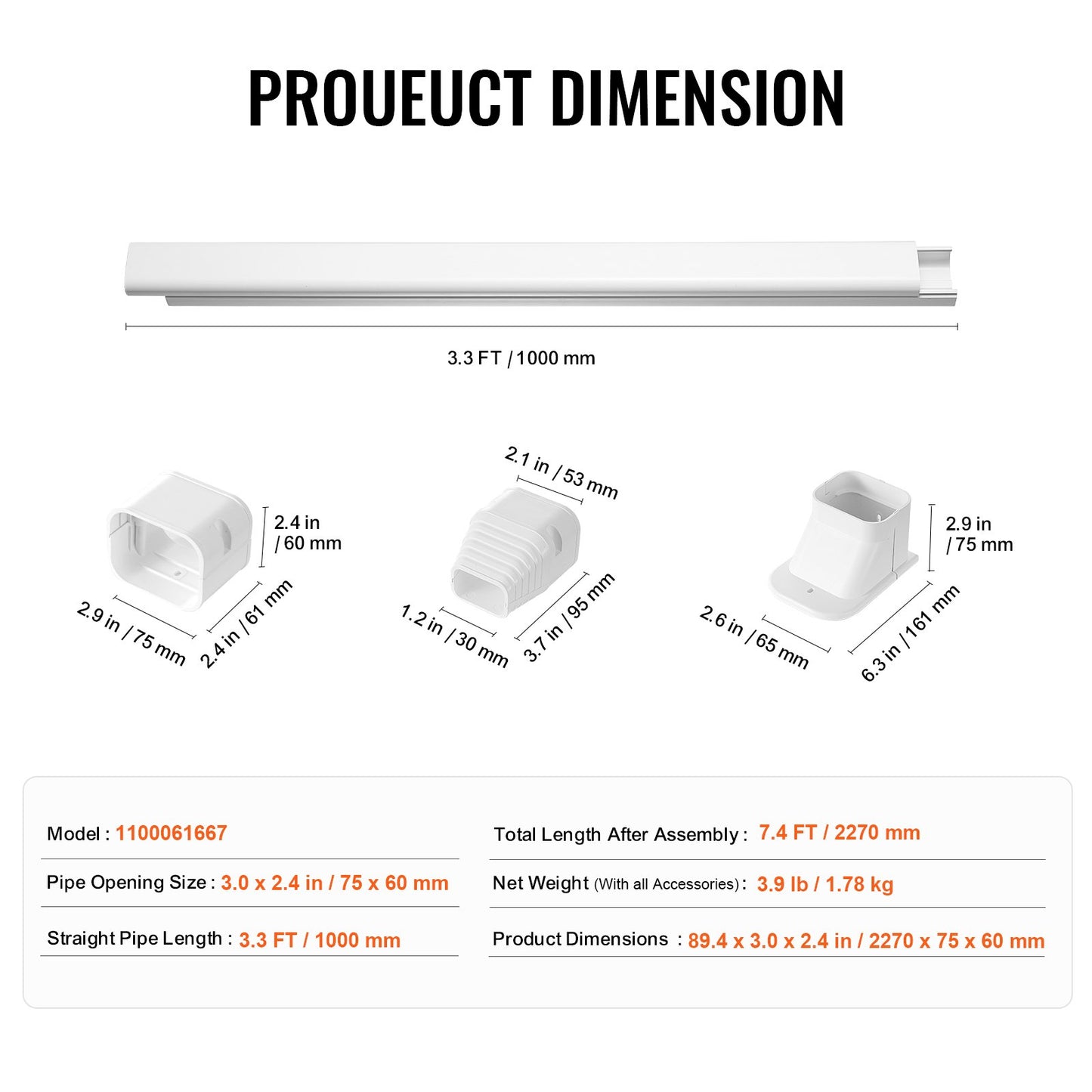VEVOR Mini Split Line Set Cover 76.2mm W 2270mm L, PVC Decorative Pipe Line Cover