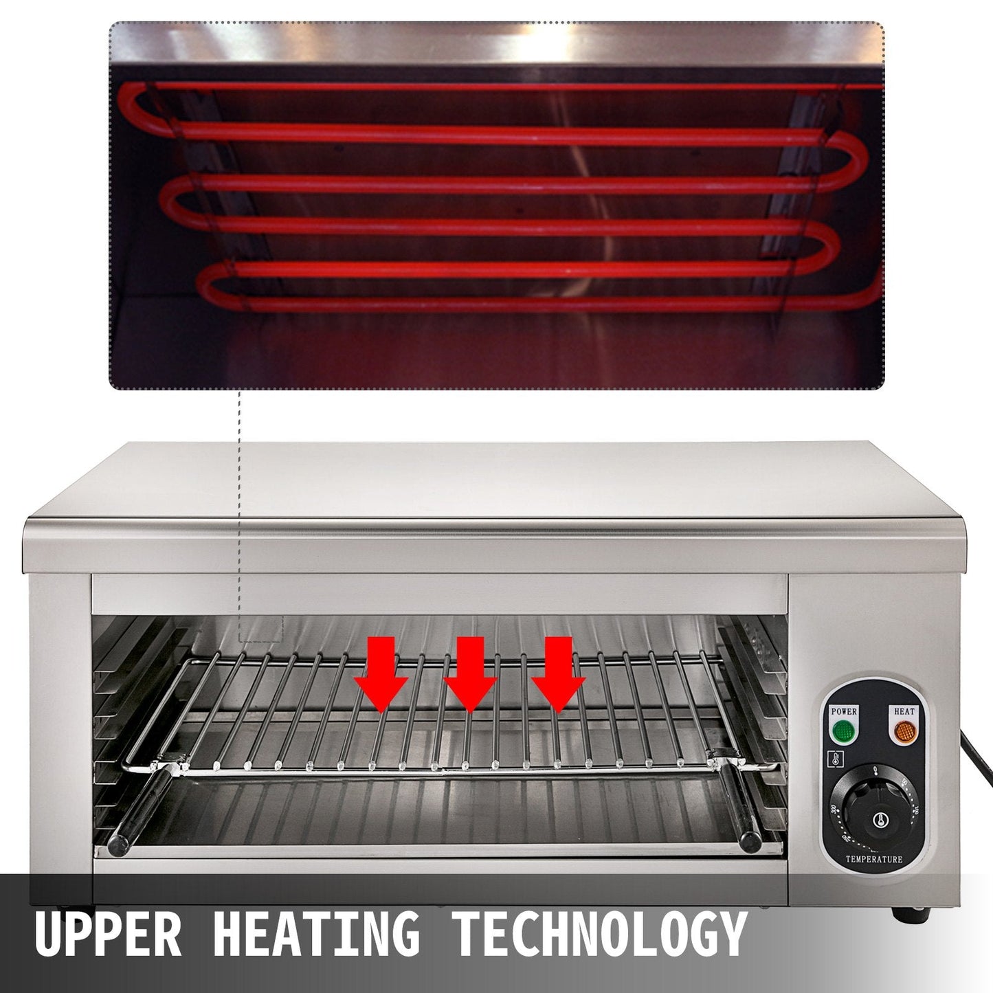 Electric Wall-Mounted Salamander Grill, Adjustable Grid, 2000W, Stainless Steel
