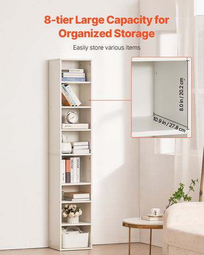 VEVOR 8-Tier Narrow Bookshelf 180cm Wooden Open Bookcase Adjustable Shelf White