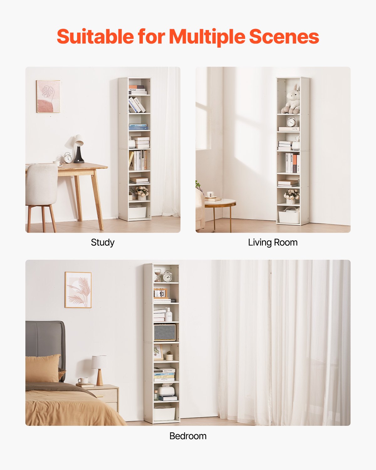 VEVOR 8-Tier Narrow Bookshelf 180cm Wooden Open Bookcase Adjustable Shelf White