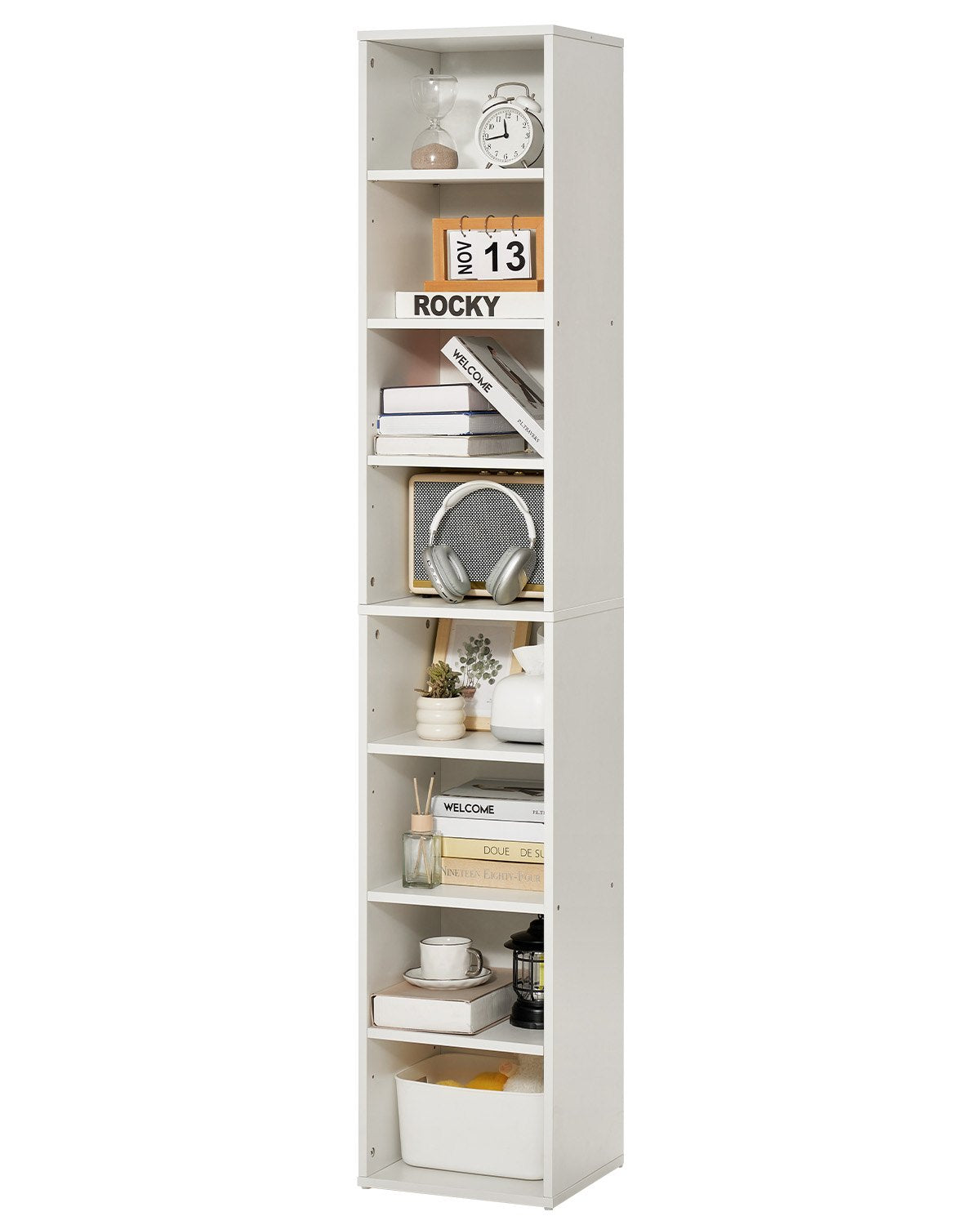VEVOR 8-Tier Narrow Bookshelf 180cm Wooden Open Bookcase Adjustable Shelf White