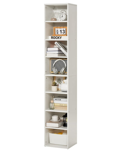 VEVOR 8-Tier Narrow Bookshelf 180cm Wooden Open Bookcase Adjustable Shelf White