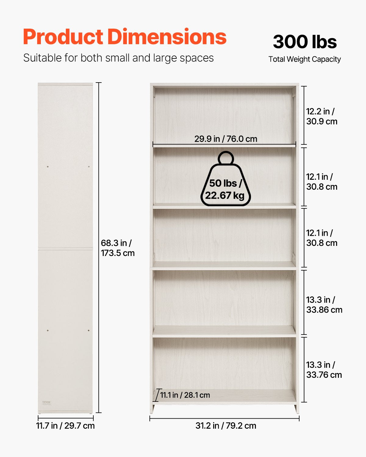 VEVOR 5-Tier Wide Bookshelf 173cm Wooden Freestanding Open Bookcase Shelf White