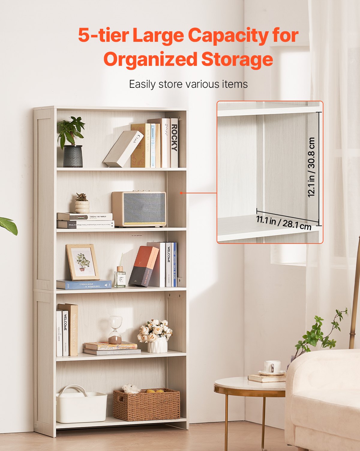 VEVOR 5-Tier Wide Bookshelf 173cm Wooden Freestanding Open Bookcase Shelf White