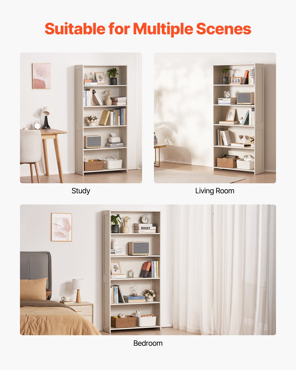 VEVOR 5-Tier Wide Bookshelf 173cm Wooden Freestanding Open Bookcase Shelf White