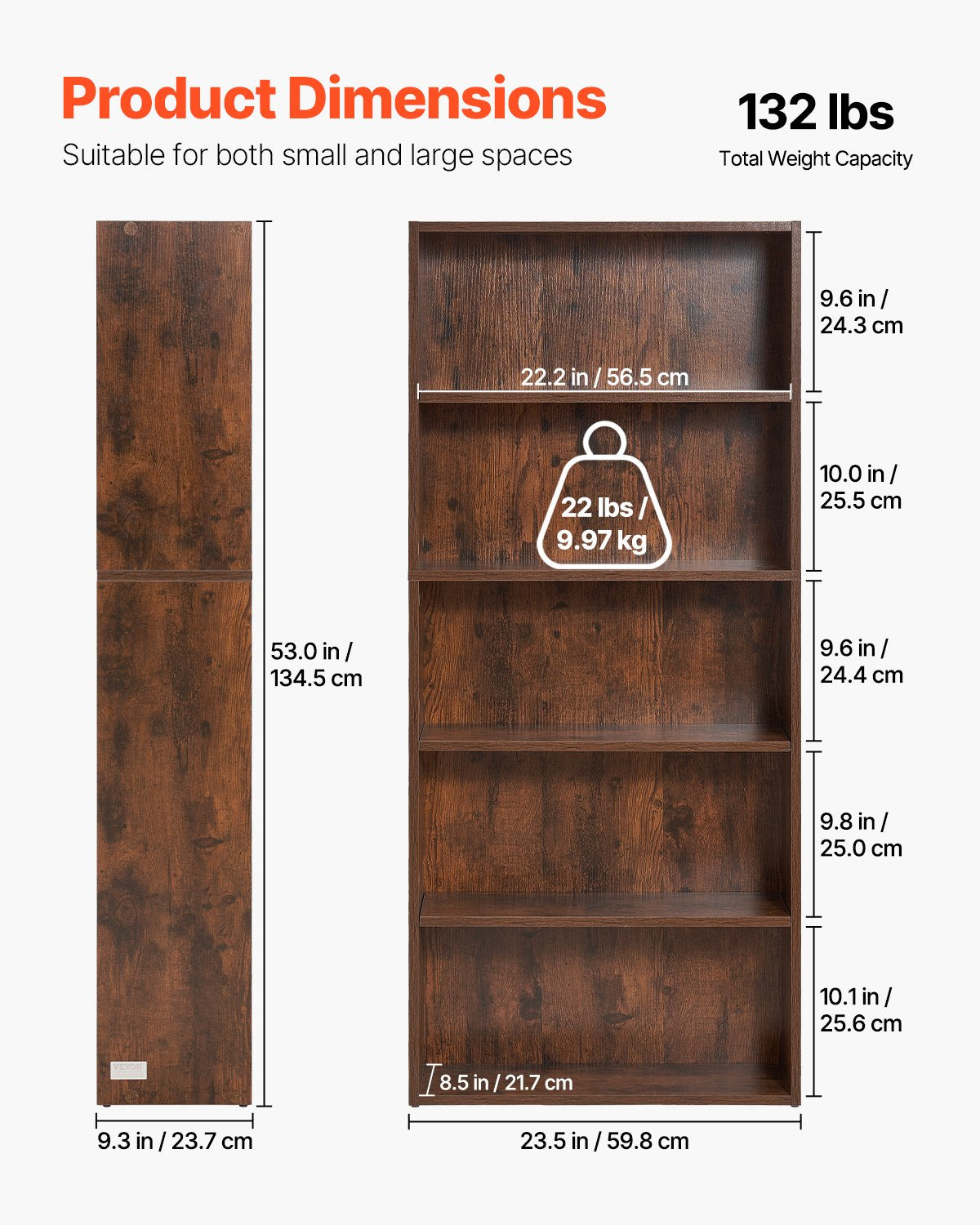 VEVOR 5-Tier Narrow Bookshelf 134cm Wooden Open Bookcase Adjustable Shelf Brown