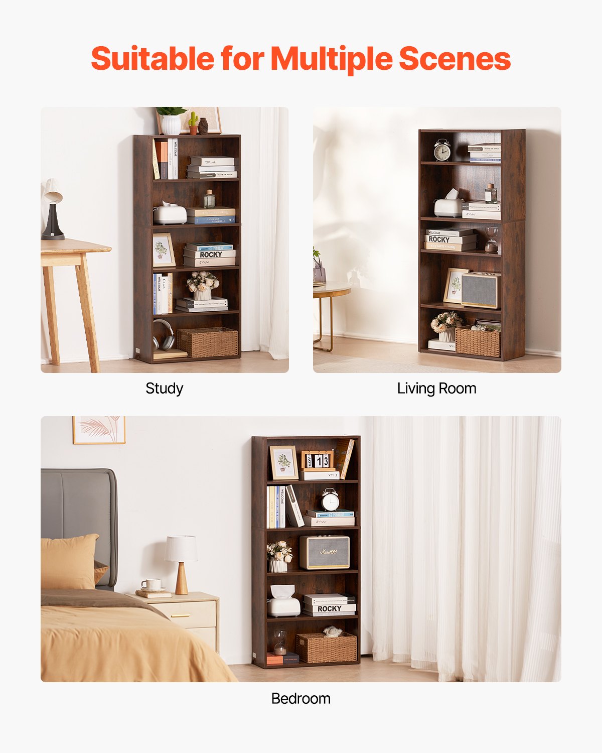 VEVOR 5-Tier Narrow Bookshelf 134cm Wooden Open Bookcase Adjustable Shelf Brown