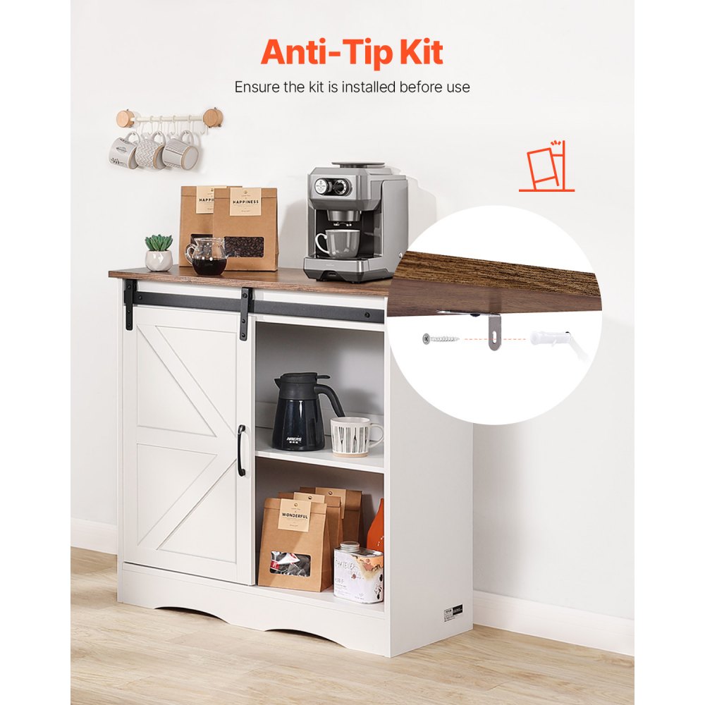 VEVOR Coffee Bar Cabinet 3-Tier Coffee Bar Table with Barn Doors Brown White
