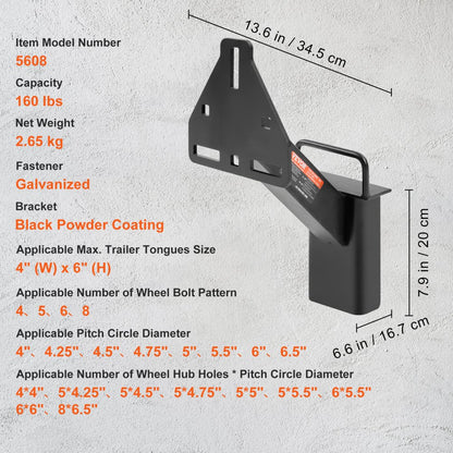 VEVOR Spare Tire Carrier, Trailer Spare Tire Mount, 160 lbs Capacity, Utility Trailer Accessories Fits Most 4 & 5 & 6 & 8 Lugs Wheels on 4", 4.25", 4.5", 4.75", 5", 5.5", 6", 6.5" Bolt Patterns