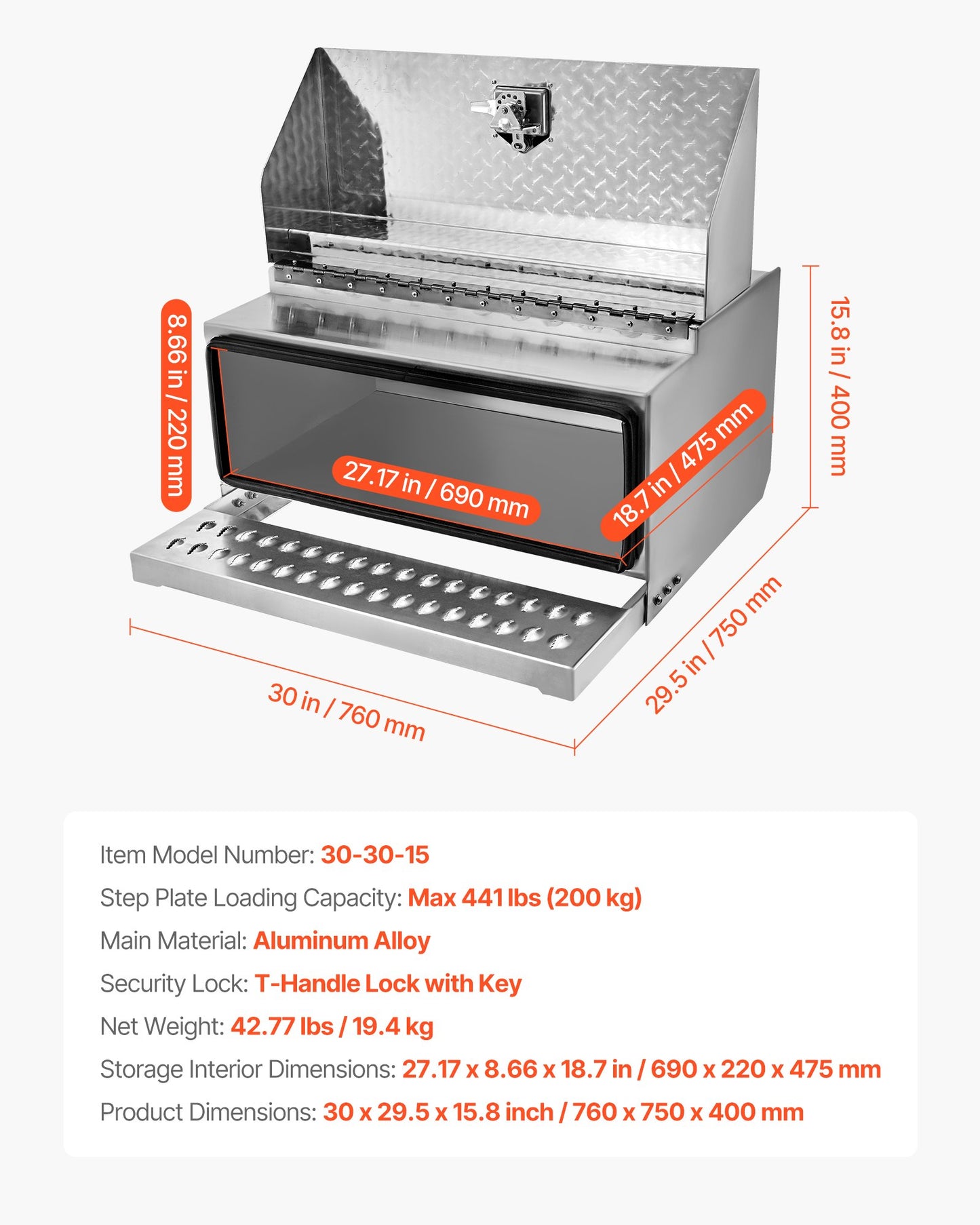 Semi-Truck Step Tool Box, 760 x 750 x 400 mm Heavy Duty Aluminum Diamond Plate Toolbox, Waterproof Cab Entry Step Storage Box with T-Handle Lock & Keys for Flatbed, Crane, and Semi Trucks