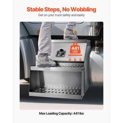 Semi-Truck Step Tool Box, 610 x 695 x 645 mm Heavy Duty Aluminum Toolbox Side Mount, Waterproof Side Storage Saddle Step Box with T-Handle Lock & Keys for Semi Trucks, Flatbed Trailers