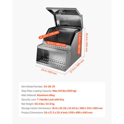 Semi-Truck Step Tool Box, 610 x 695 x 645 mm Heavy Duty Aluminum Toolbox Side Mount, Waterproof Side Storage Saddle Step Box with T-Handle Lock & Keys for Semi Trucks, Flatbed Trailers