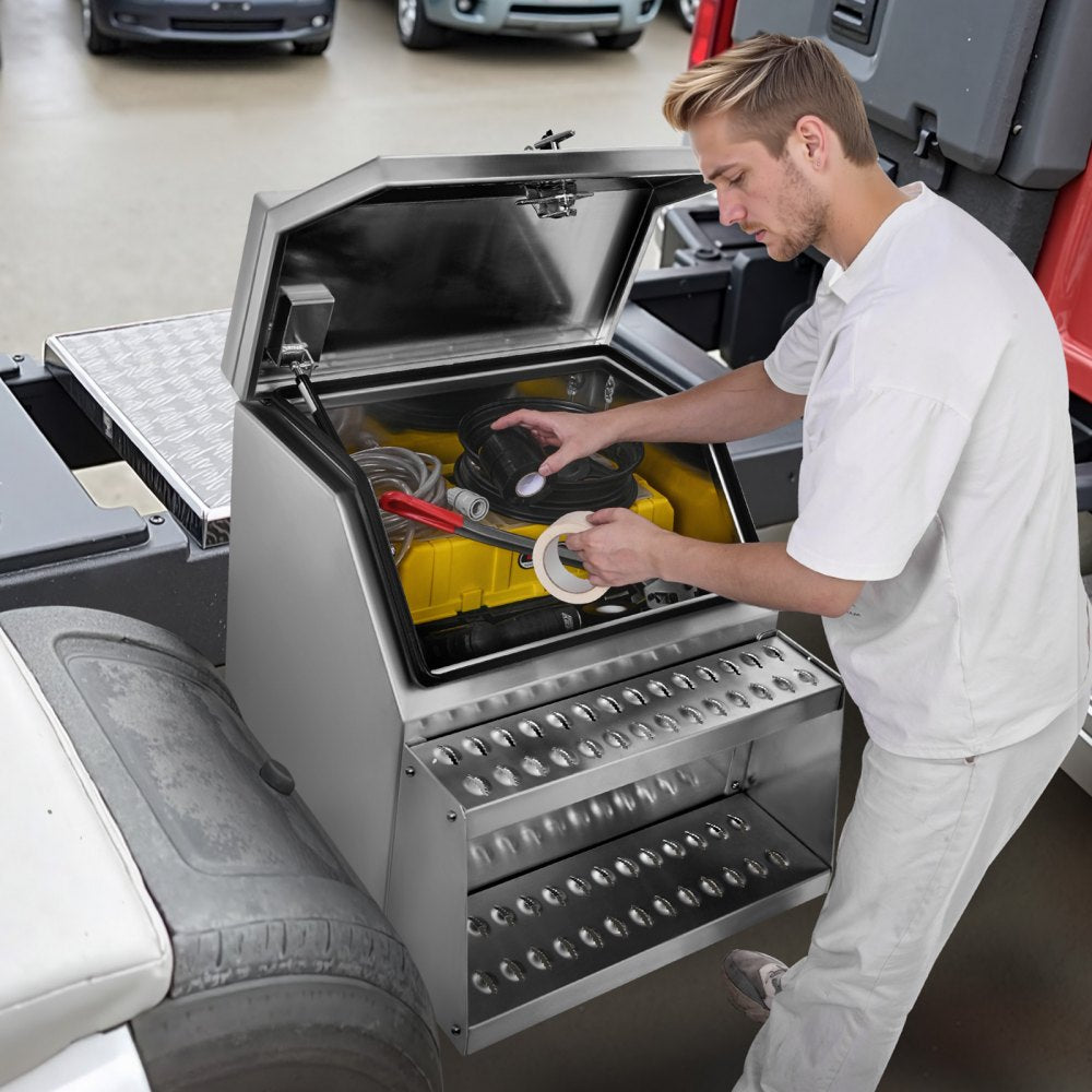 Semi-Truck Step Tool Box, 610 x 695 x 645 mm Heavy Duty Aluminum Toolbox Side Mount, Waterproof Side Storage Saddle Step Box with T-Handle Lock & Keys for Semi Trucks, Flatbed Trailers