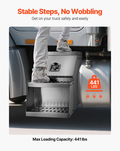Semi-Truck Step Tool Box, 457 x 695 x 645 mm Heavy Duty Aluminum Toolbox Side Mount, Waterproof Side Storage Saddle Step Box with T-Handle Lock & Keys for Semi Trucks, Flatbed Trailers