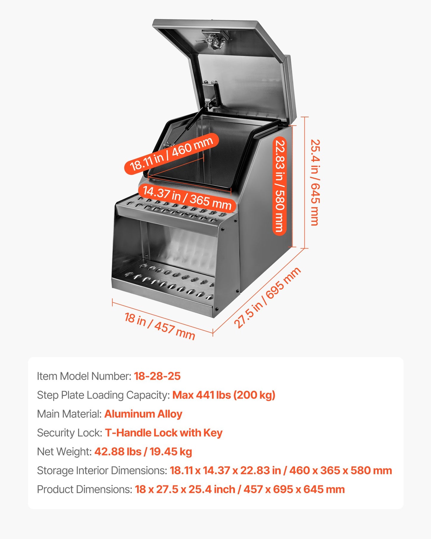 Semi-Truck Step Tool Box, 457 x 695 x 645 mm Heavy Duty Aluminum Toolbox Side Mount, Waterproof Side Storage Saddle Step Box with T-Handle Lock & Keys for Semi Trucks, Flatbed Trailers