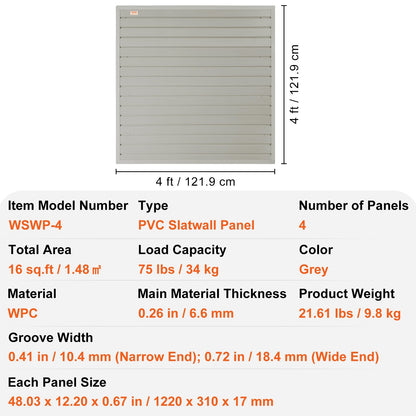 Gray PVC Slatwall Panels, 122 x 31 cm, Set of 4 for Garage & Retail Storage
