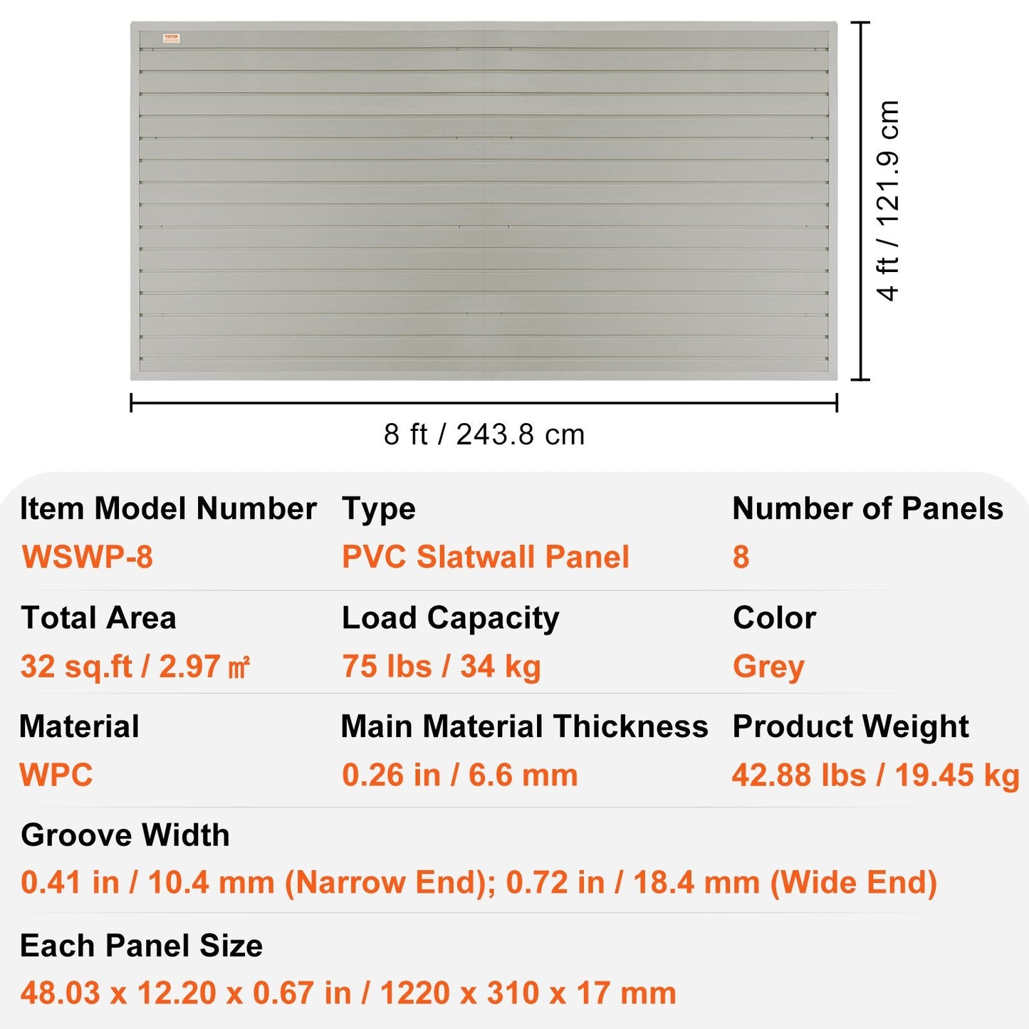 Modular Gray PVC Slatwall Panels for Garage & Retail - Set of 8, 122 x 31 cm