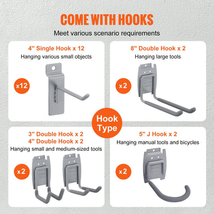 Gray Garage Slatwall Panels with Hooks, 122 x 31 cm, Heavy Duty Storage Set