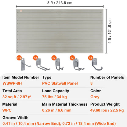 Gray Garage Slatwall Panels with Hooks, 122 x 31 cm, Heavy Duty Storage Set