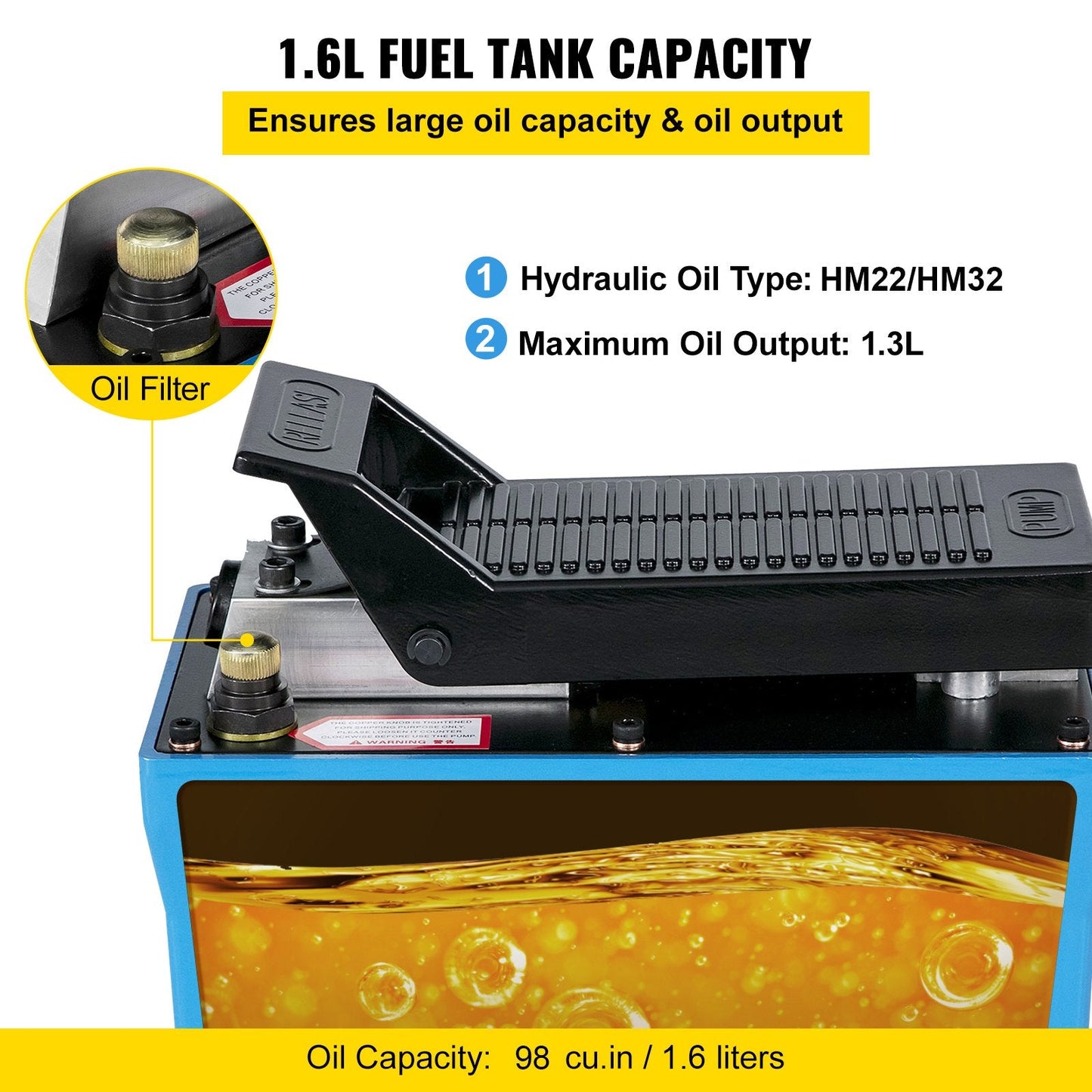 Air Hydraulic Pump with Foot Pedal, 10000 PSI, 1.6L Reservoir, 2m Hose