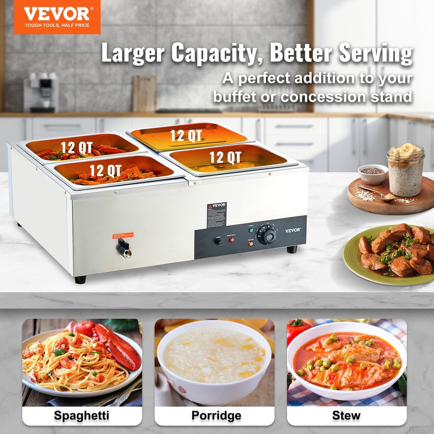 Electric Buffet Food Warmer with 4 Pans, 48 Qt Capacity, Stainless Steel
