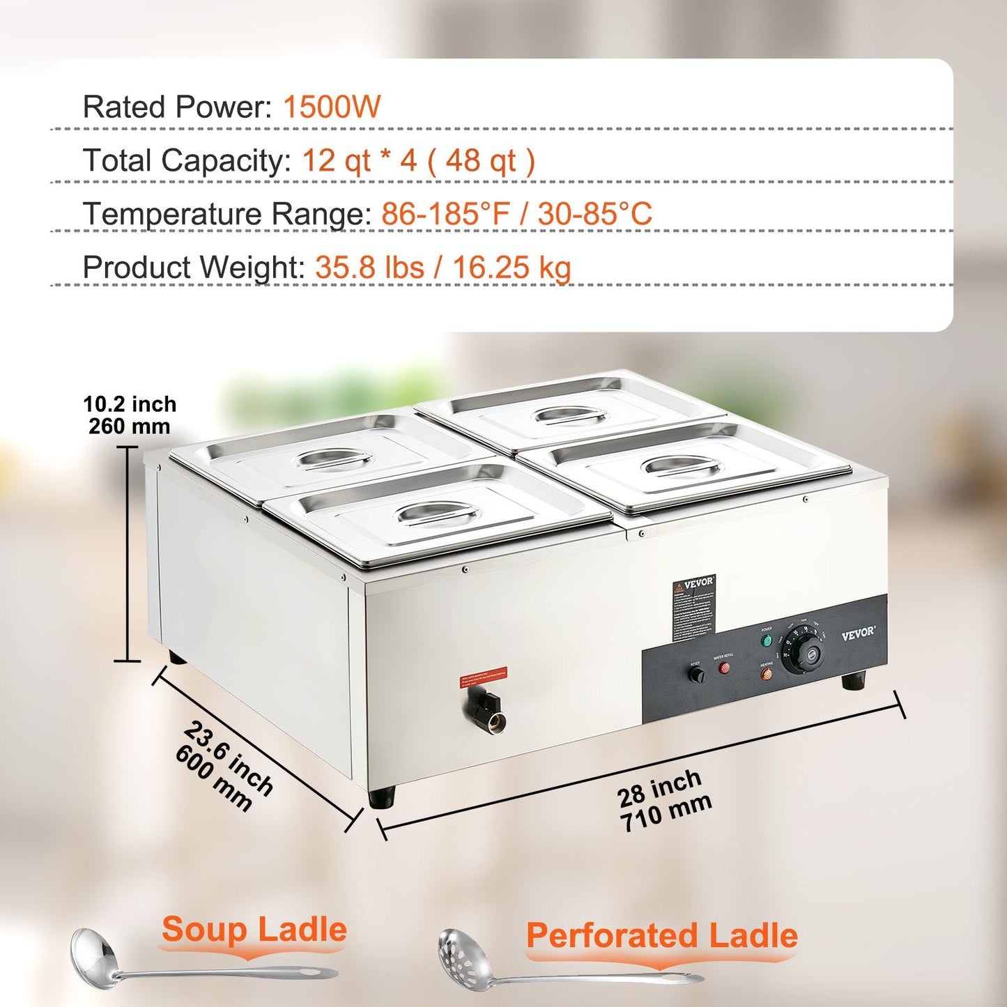 Electric Buffet Food Warmer with 4 Pans, 48 Qt Capacity, Stainless Steel