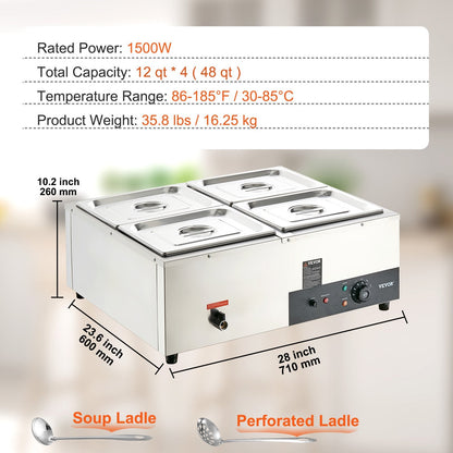 Electric Buffet Food Warmer with 4 Pans, 48 Qt Capacity, Stainless Steel