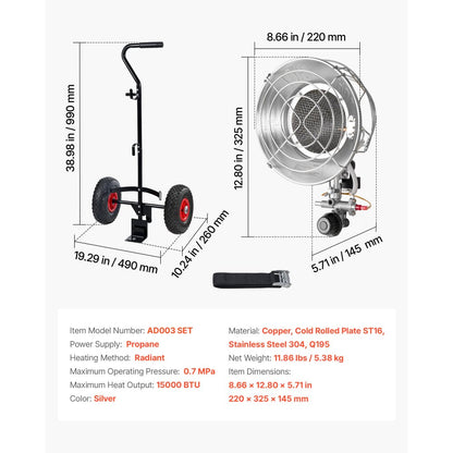 VEVOR Propane Tank Top Heater with Portable Trolley 15000 BTU Infrared Single Burner