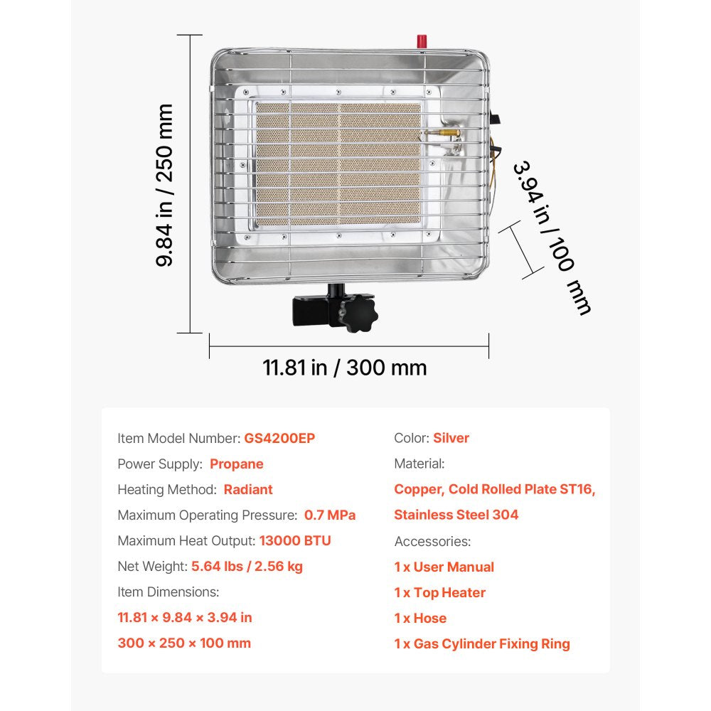 VEVOR Propane Tank Top Heater 13000 BTU Rapid Heating Infrared Single Burner Square