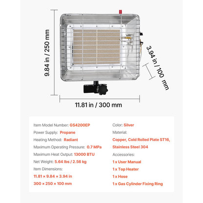 VEVOR Propane Tank Top Heater 13000 BTU Rapid Heating Infrared Single Burner Square