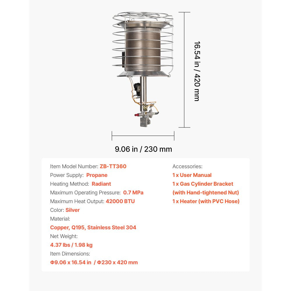 VEVOR Propane Tank Top Heater 42000 BTU Infrared Radiant Single Burner for Outdoors
