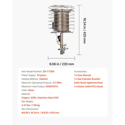 VEVOR Propane Tank Top Heater 42000 BTU Infrared Radiant Single Burner for Outdoors