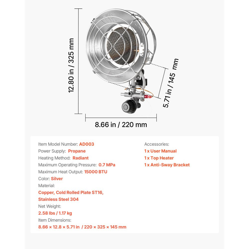 VEVOR Propane Tank Top Heater 15000 BTU Infrared Radiant Single Burner Round Outdoor