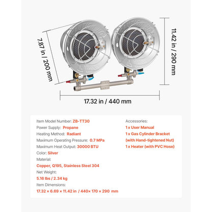 Propane Tank Top Heater 30000 BTU Infrared Radiant Single Burner 3 Heat Settings