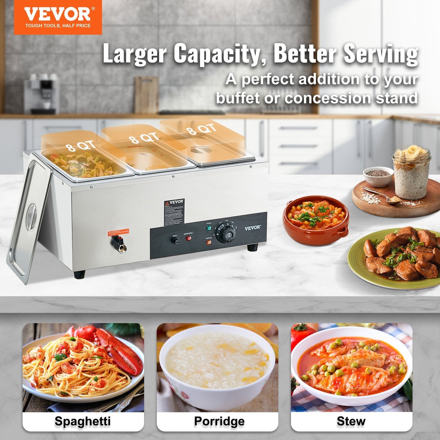 Commercial Electric Buffet Warmer with Three 8 Qt Pans, Stainless Steel