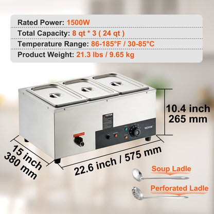 VEVOR Commercial Electric Food Warmer Countertop Buffet 3*8 Qt Pan Bain Marie