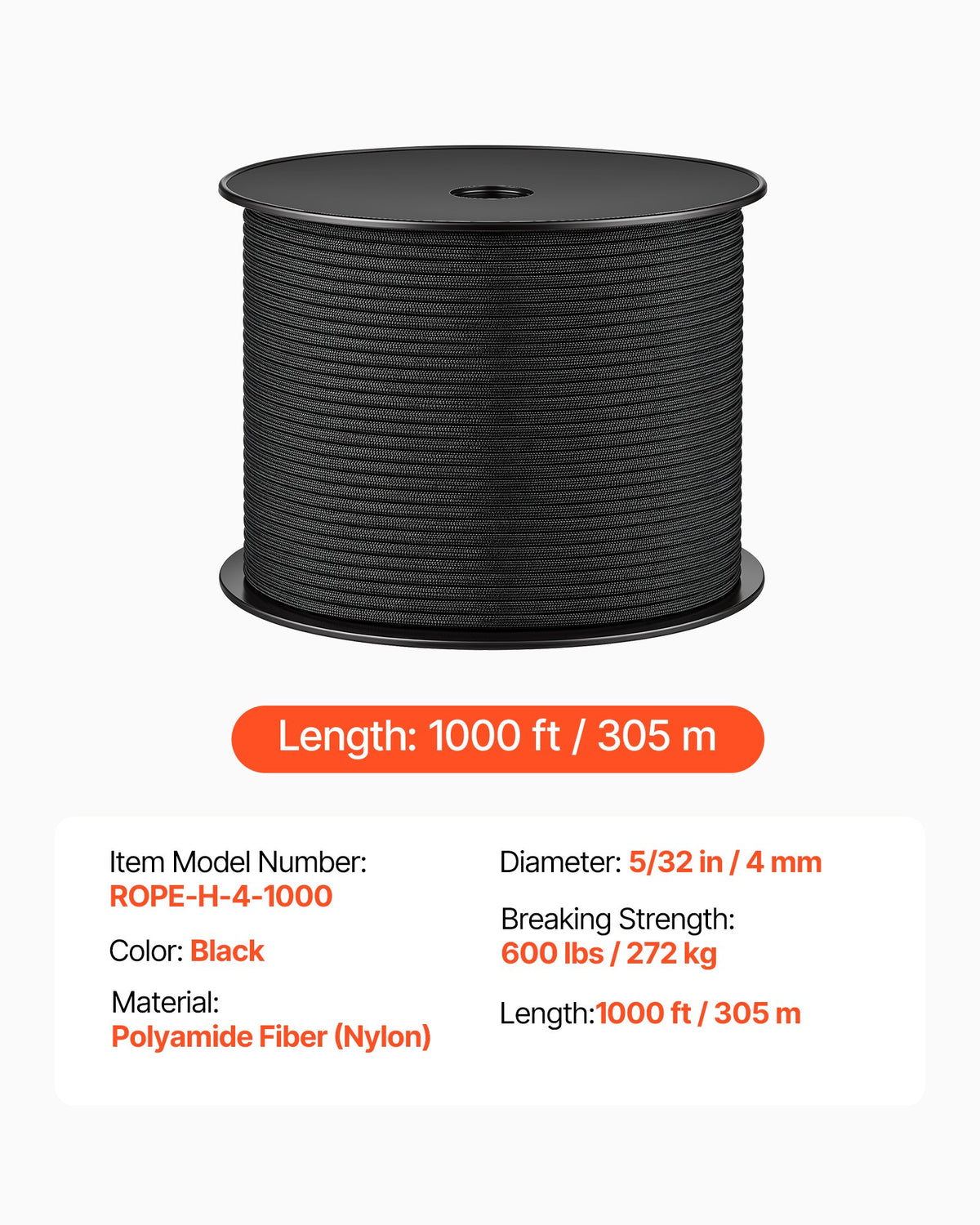 Paracord Rope 4 mm x 305 m Nylon Parachute Cord 550 Tactical, Survival Cord, Heavy Duty 7 Strand, 272 kg High Breaking Strength, Utility Rope, for Outdoor Camping & Bracelets, Black