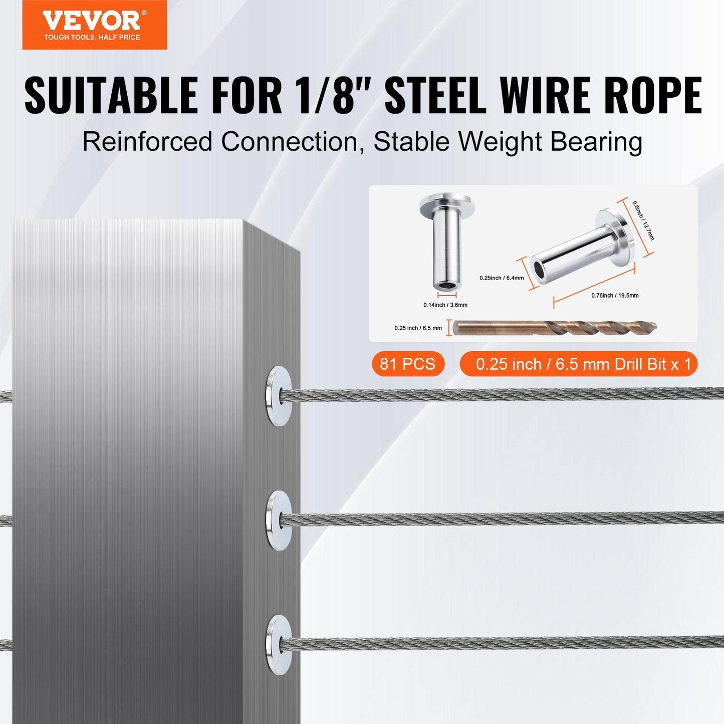 81-Pack T316 Stainless Steel Sleeves for 3.2mm Cable Railing with Drill Bit