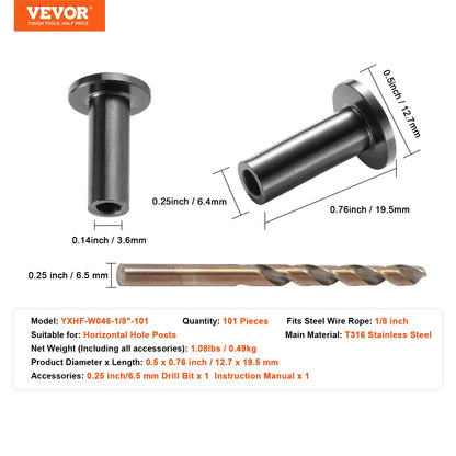 VEVOR 101 Pack T316 Stainless Steel Protector Sleeves for 3.2mm Wire Rope Cable