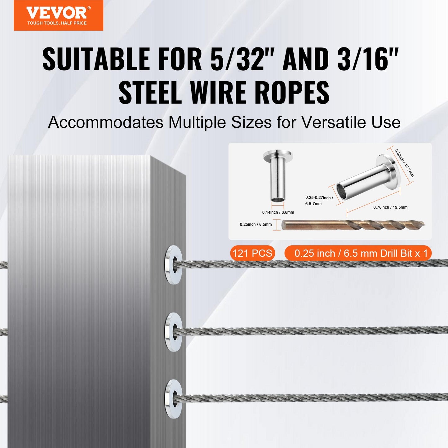 VEVOR 121 Pack T316 Stainless Steel Protector Sleeves for 4mm 4.8mm Wire Rope Cable