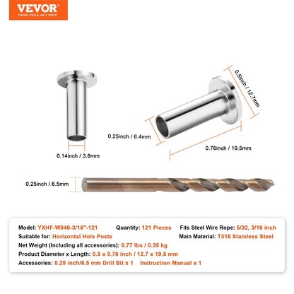 Stainless Steel Protector Sleeves for 4mm & 4.8mm Cable Railings, 121 Pack