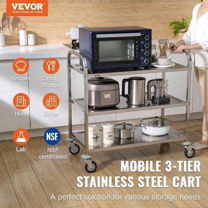 3-Tier Stainless Steel Rolling Utility Cart with Wheels, 204 kg Capacity, 6 Hooks