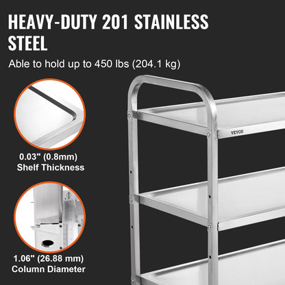3-Tier Stainless Steel Rolling Utility Cart with Wheels, 204 kg Capacity, 6 Hooks