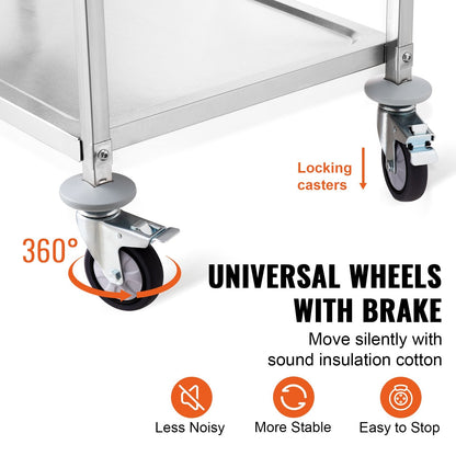 3-Tier Stainless Steel Rolling Utility Cart with Wheels, 204 kg Capacity, 6 Hooks