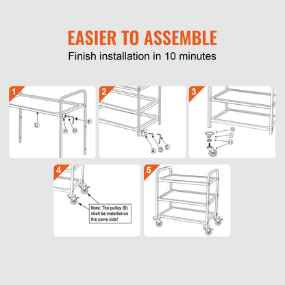 VEVOR 3-Tier Utility Cart Rolling Cart on Wheels 37.5"x20"x37.7" 450 LBS 6 Hooks