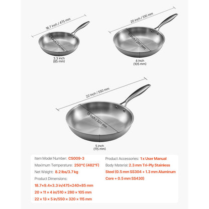 Triply Stainless Steel Frying Pan 3Pcs 240 280 320mm for Dishwasher Silver