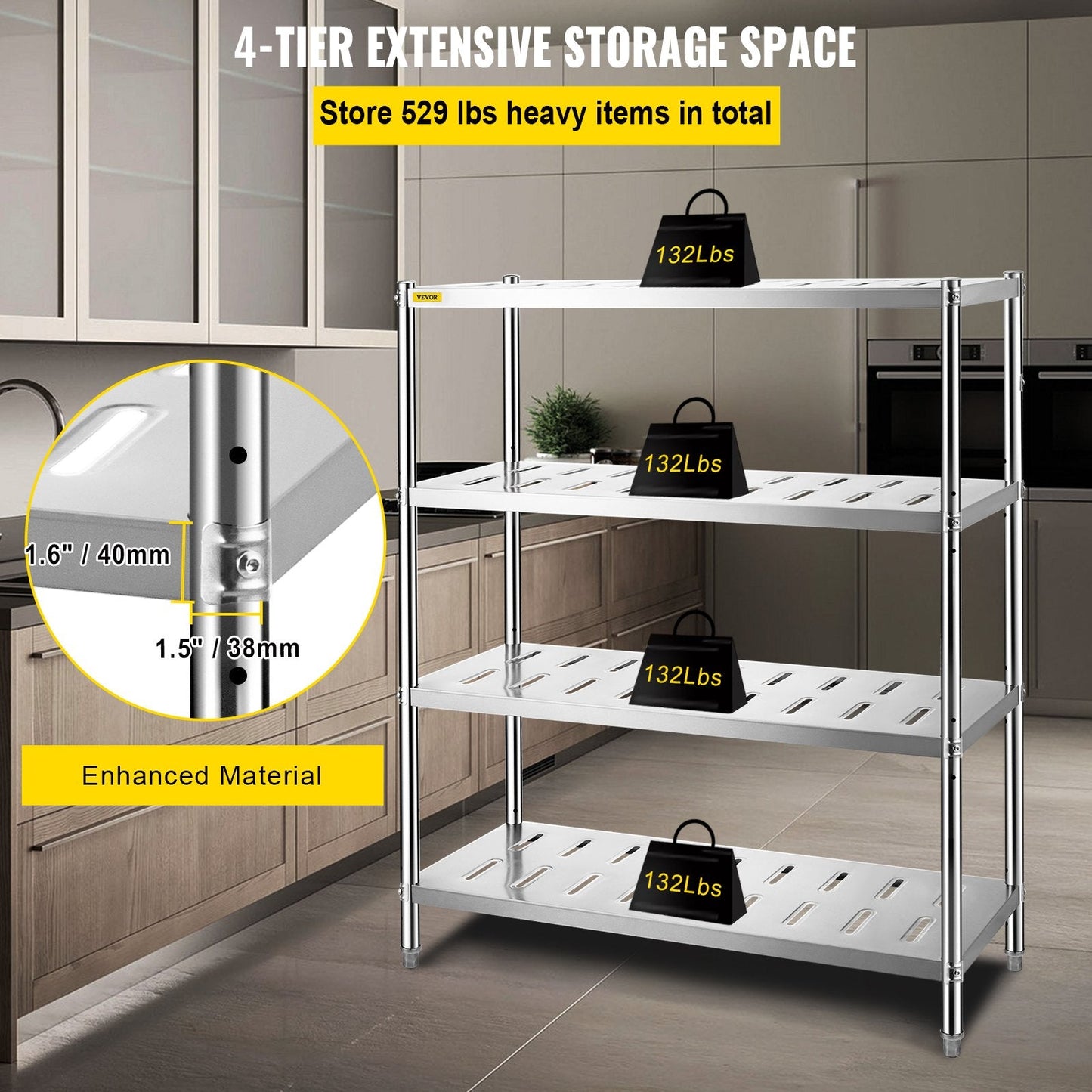 Heavy Duty 4-Tier Stainless Steel Garage Shelf, 120x45x155 cm, Adjustable Height