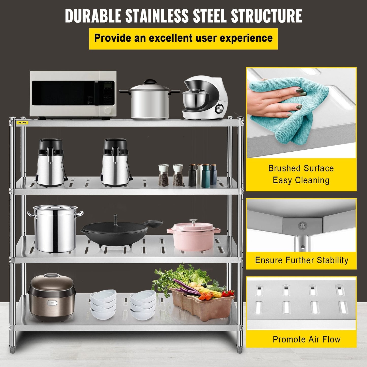 Heavy Duty 4-Tier Stainless Steel Garage Shelf, 120x45x155 cm, Adjustable Height