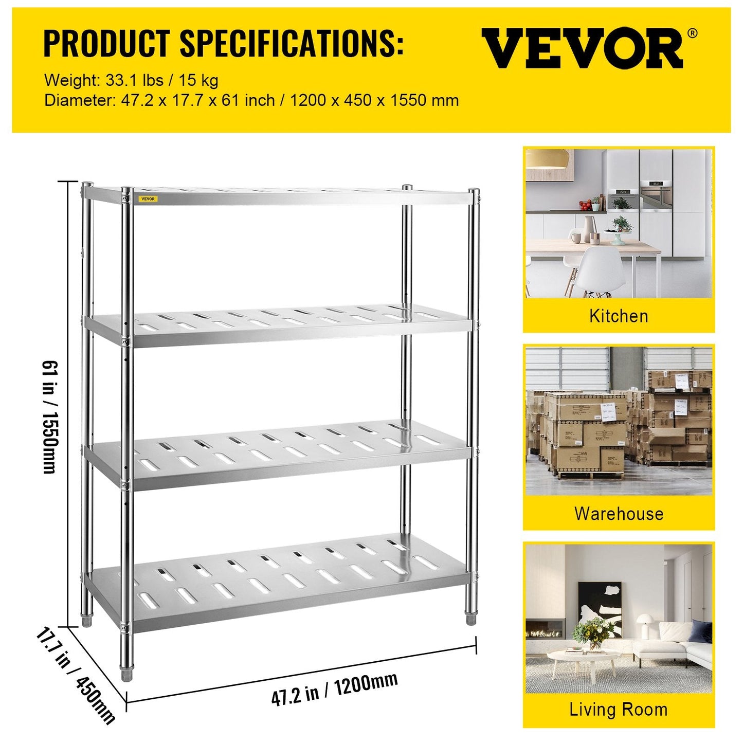 Heavy Duty 4-Tier Stainless Steel Garage Shelf, 120x45x155 cm, Adjustable Height